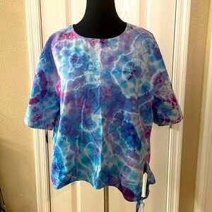 Handmade Womens Tie Dye Ice Dye Linen Cotton Short Sleeve Shirt Size XL New